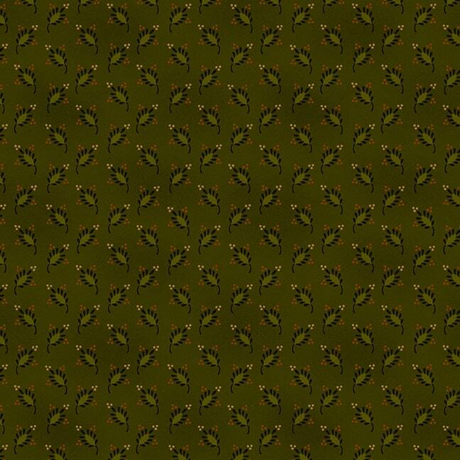 Mottled green fabric with a ditsy feathered leaf pattern.
