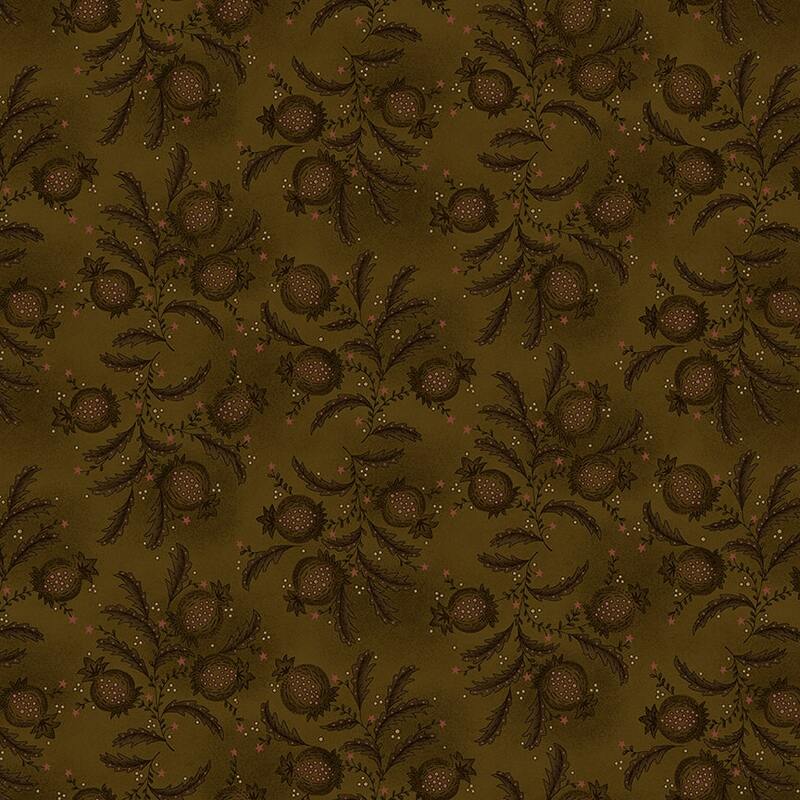 brown mottled fabric with a pomegranate and star pattern 