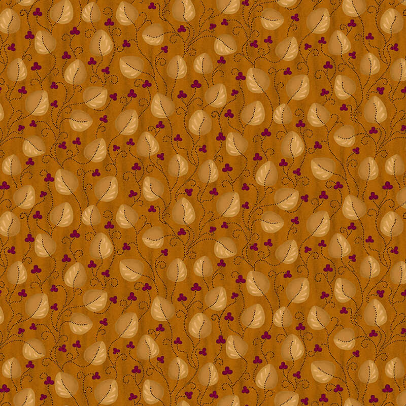 Orange fabric with a leaf and flower pattern 