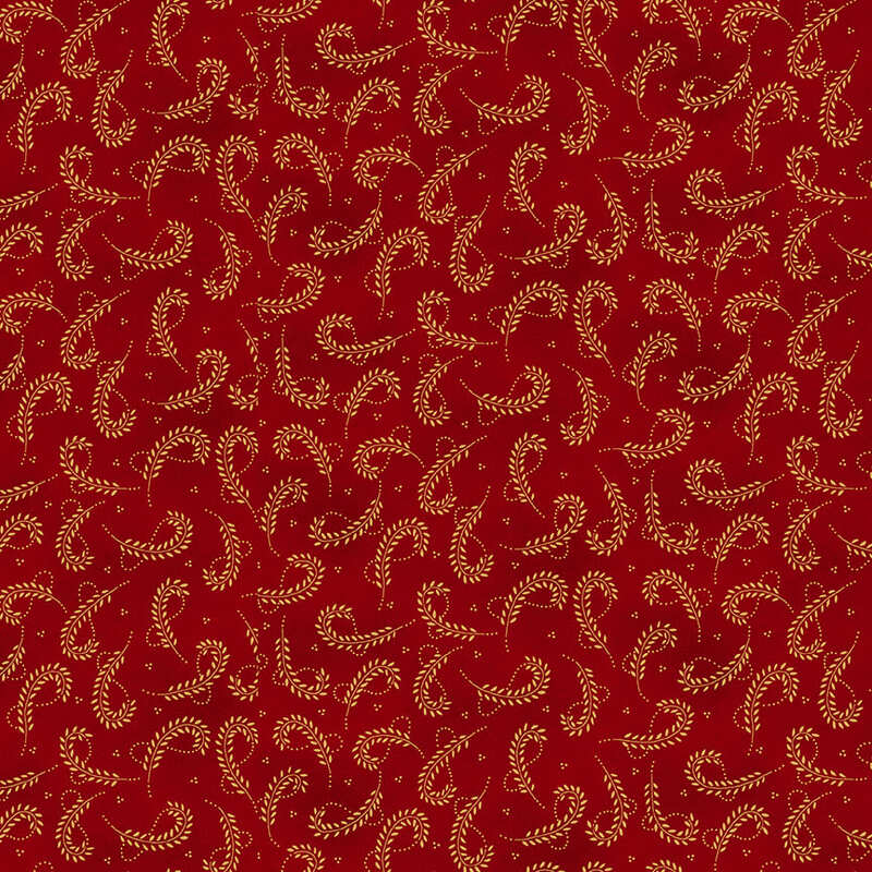 Mottled red fabric with a yellow wheat pattern 