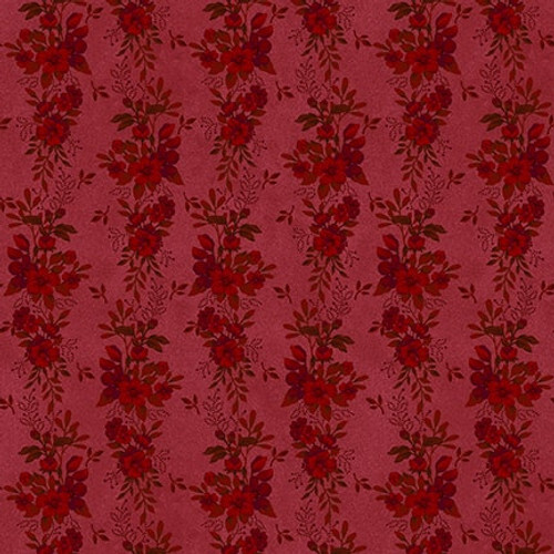 Red fabric with a tonal floral stripe pattern 