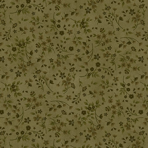 Mottled green fabric with a tonal leaf and flower pattern
