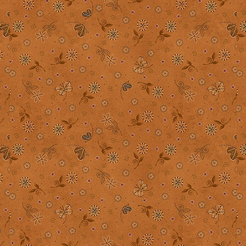 Mottled orange fabric with butterflies and stars