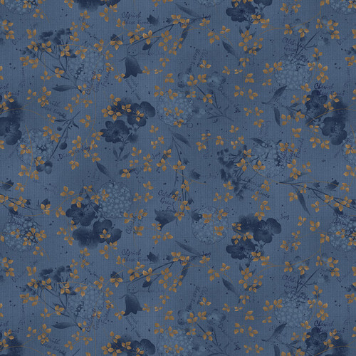 Mottled blue fabric with a tonal floral pattern and a golden leaf overlay.