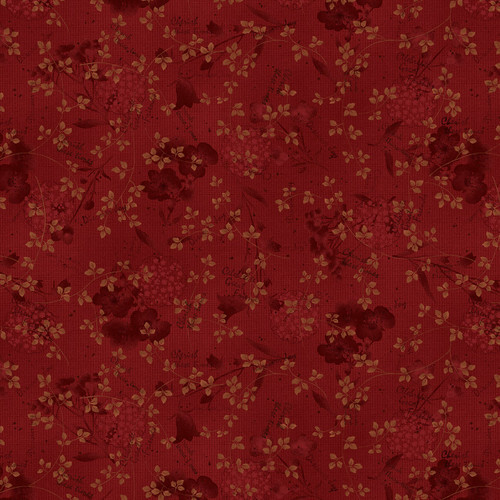 Red fabric with a tonal flower design and golden leaves