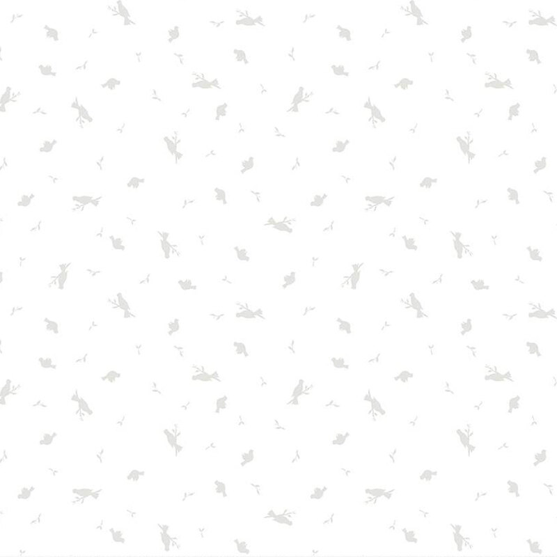 White fabric with scattered gray birds sitting on branches 