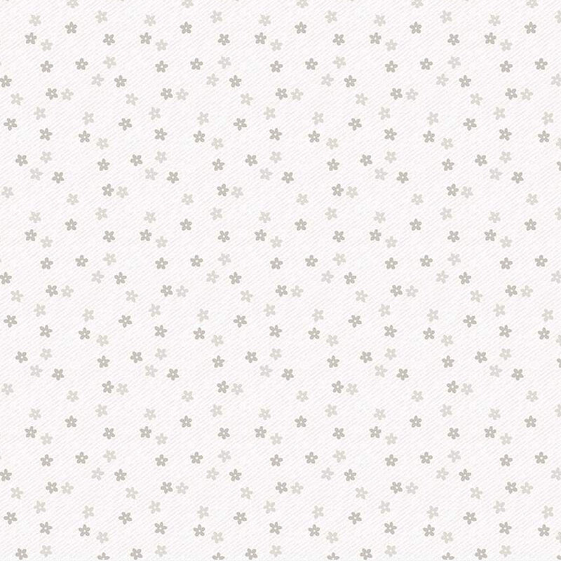 White fabric with scattered gray flowers and dashed lines throughout