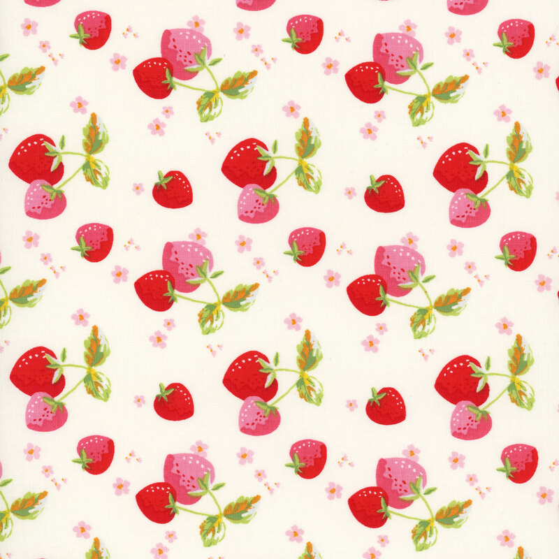 cream fabric with pink and red strawberries with stems