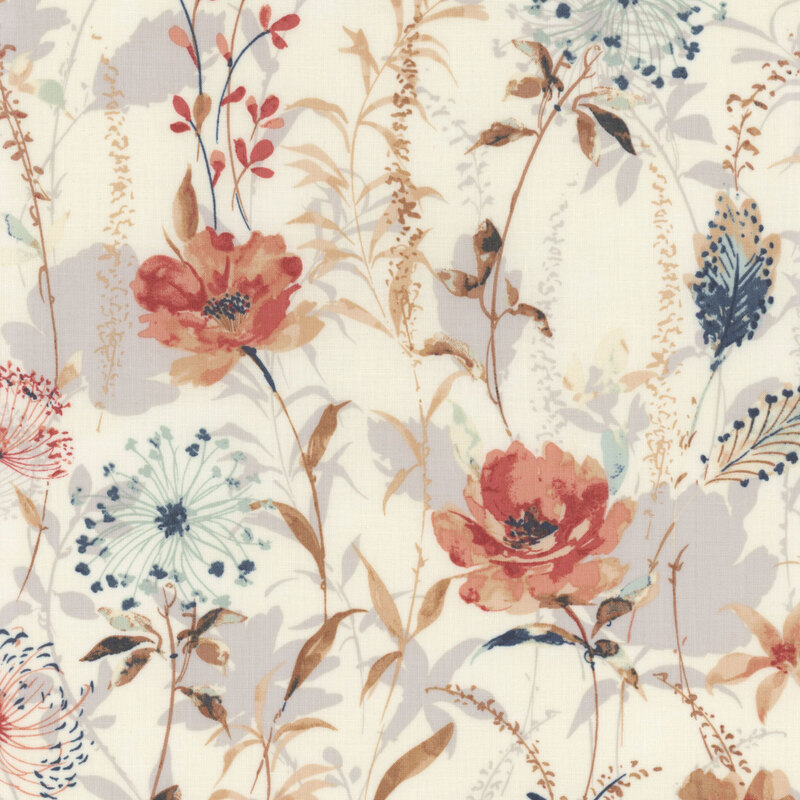 cream fabric with a variety of garden flowers on a shadowed background