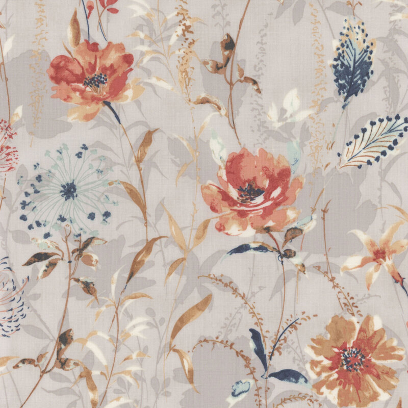 gray fabric with a variety of garden flowers on a shadowed background