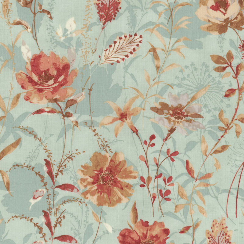 dark blue fabric with a variety of garden flowers on a shadowed background