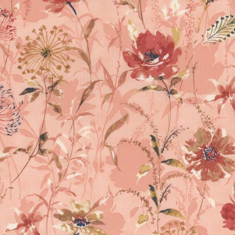 pink fabric with a variety of garden flowers on a shadowed background