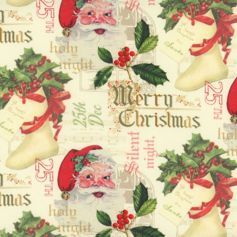 cream fabric with vintage santas, holly, stockings, and festive sayings