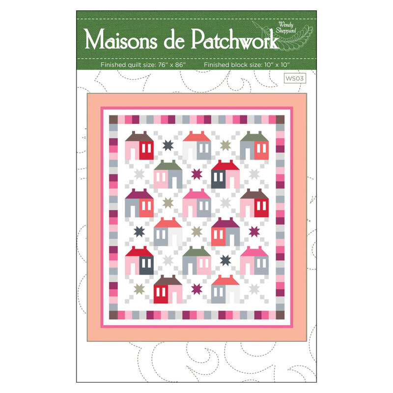 front of Maisons de Patchwork pattern featuring digital version of finished quilt