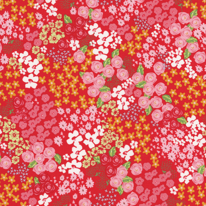 red fabric with scattered multicolor florals