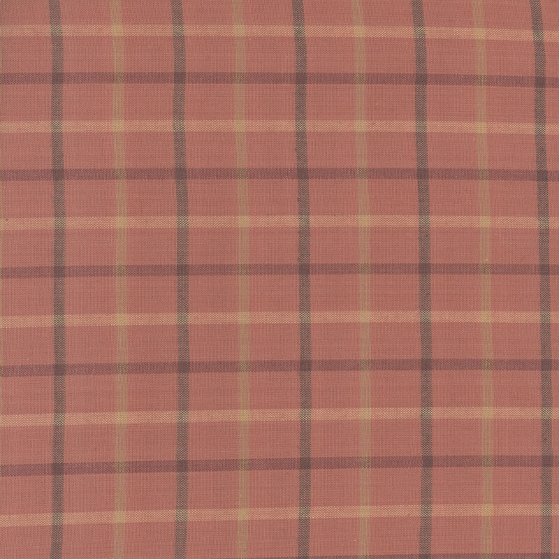 Scan of the woven fabric, a lightly textured simple neutral plaid on a warm brown background.