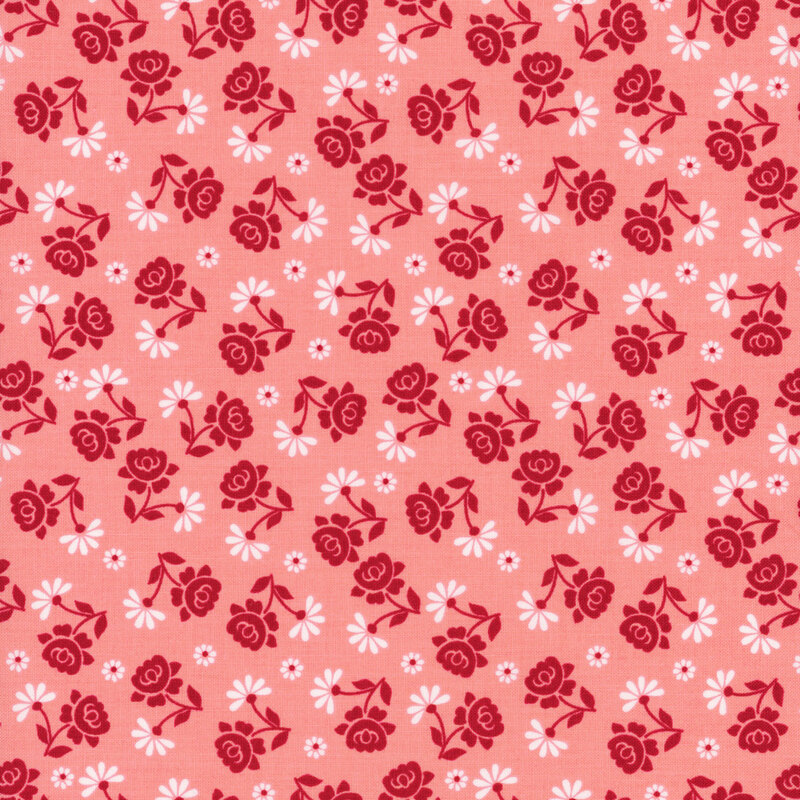 pink fabric with dark red roses and white daisies