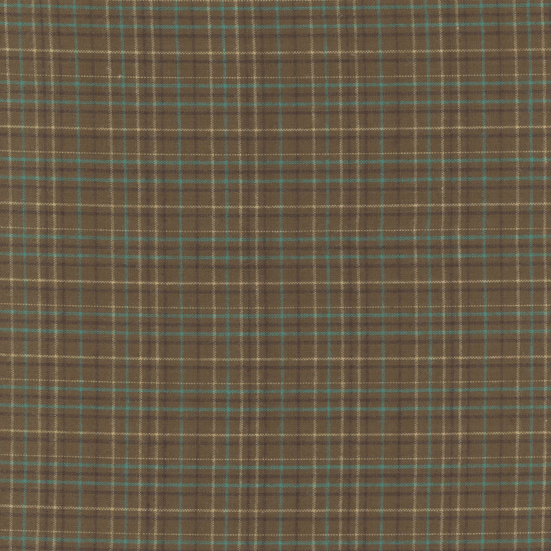 Scan of the woven fabric, a cyan and neutral plaid prints on an earthy brown background.