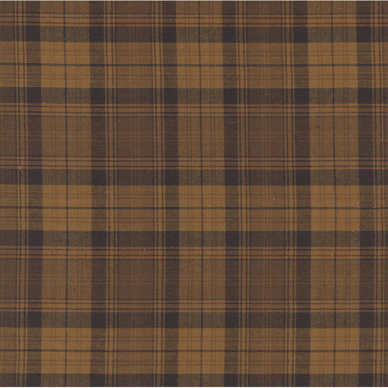 Scan of the woven fabric, a lightly textured dark brown plaid on a warm light brown background.