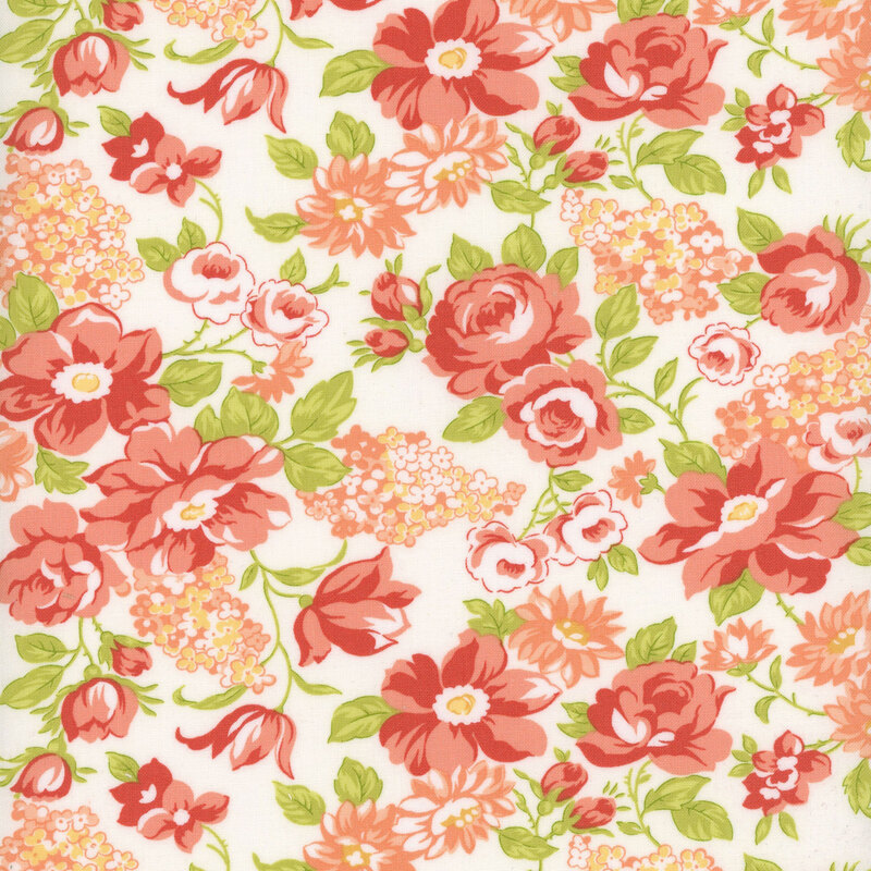 White fabric with medium tossed florals in peachy red and bright green.