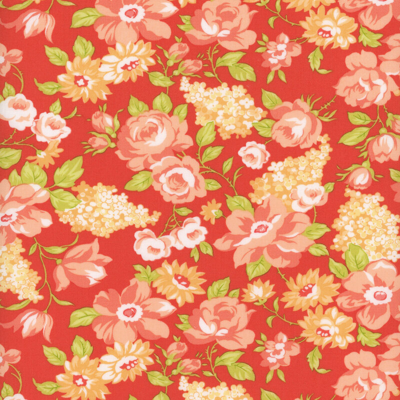 Red fabric with medium tossed florals in peachy red and bright green.