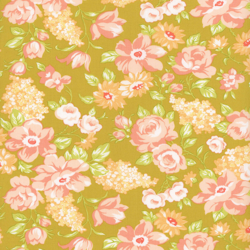 Yellow-green fabric with medium tossed florals in peachy pink with pale green leaves.