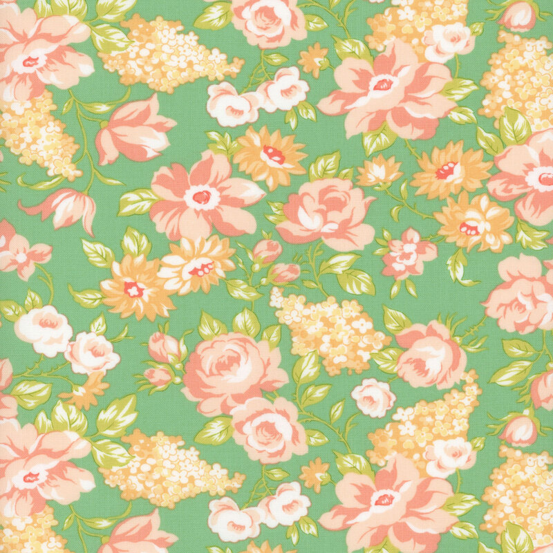 Aqua green fabric with medium tossed florals in peach and pink with pale green leaves.