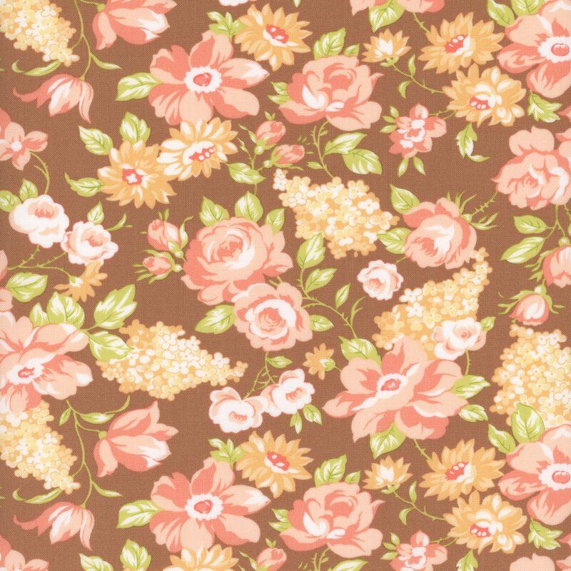 Warm brown fabric with medium tossed florals in peachy pink with pale green leaves.