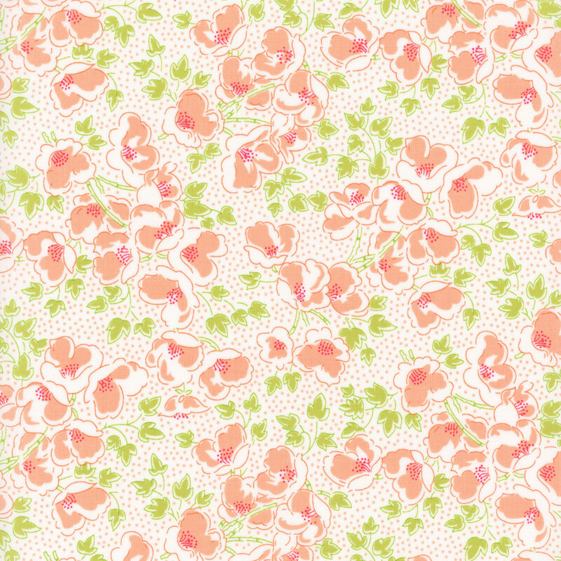White fabric with tossed peach pink snap pea flowers, lime green leaves, and packed peach polka dots.