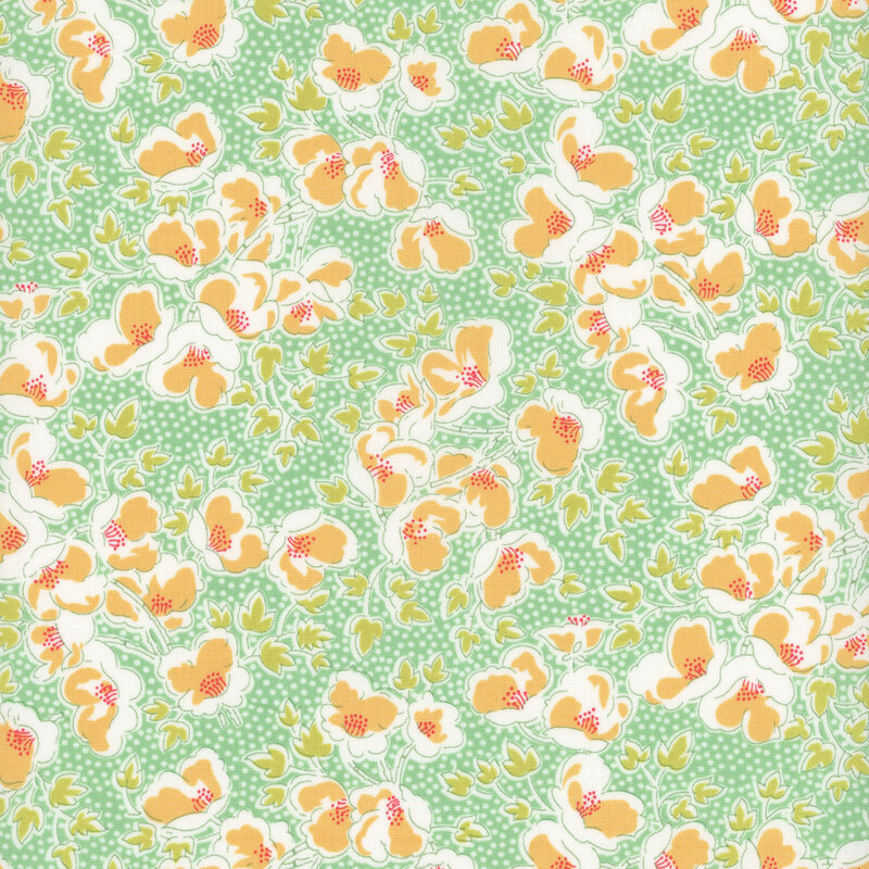 Aqua green fabric with tossed orange snap pea flowers, lime green leaves, and packed white polka dots.
