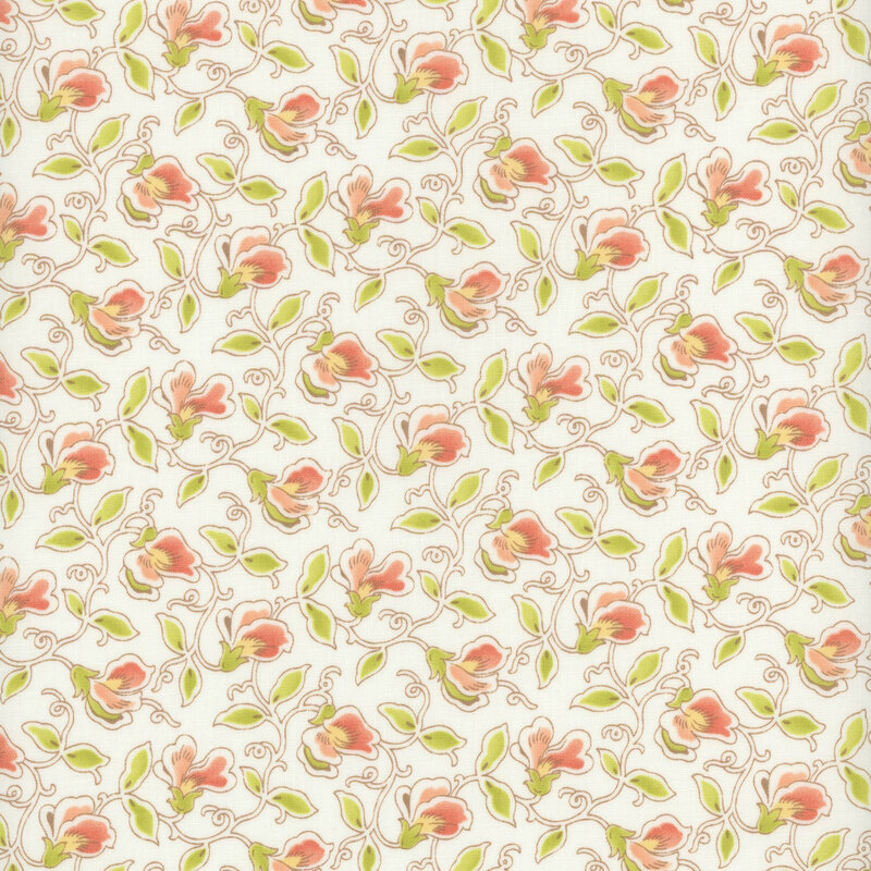 White fabric with peach pink sweet pea flowers, green leaves, and twisting outlined vines.