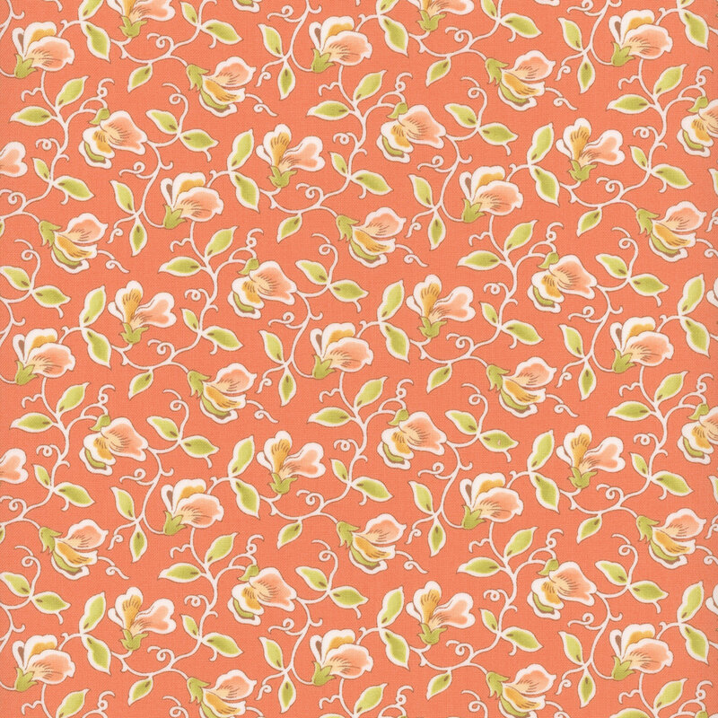 Nectarine fabric with peach pink sweet pea flowers, green leaves, and twisting outlined vines.