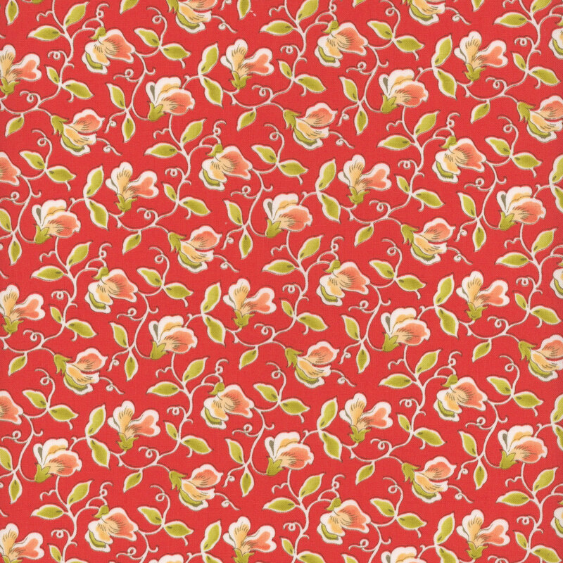 Red fabric with peach pink sweet pea flowers, green leaves, and twisting outlined vines.