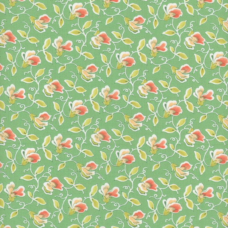 Aqua green fabric with peach pink sweet pea flowers, green leaves, and twisting outlined vines.