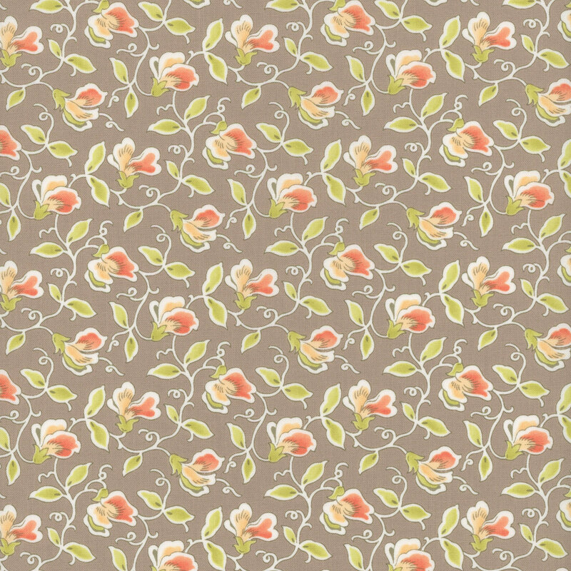Warm gray fabric with peach pink sweet pea flowers, green leaves, and twisting outlined vines.