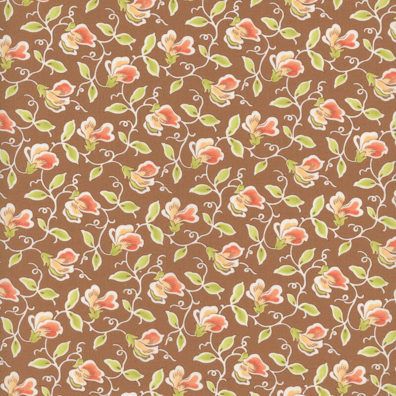 Brown fabric with peach pink sweet pea flowers, green leaves, and twisting outlined vines.