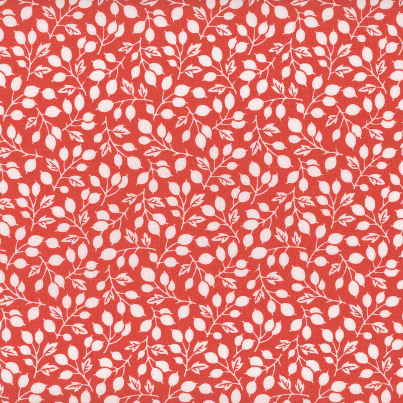 Bright red fabric with twisting white silhouettes of olive branches and leaves.