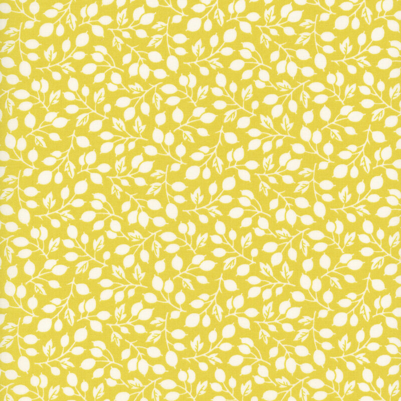 Bright lemon yellow fabric with twisting white silhouettes of olive branches and leaves.