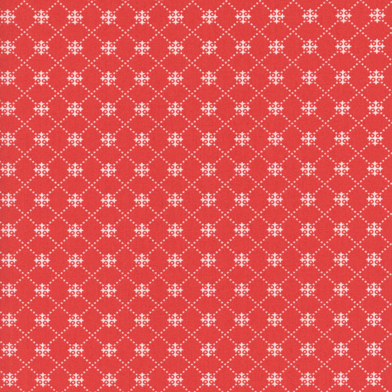 Bright red fabric with a white dotted trellis pattern.