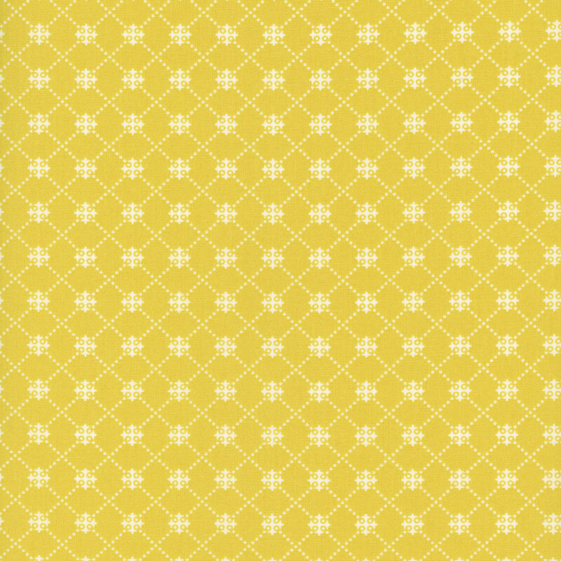 Lemon yellow fabric with a white dotted trellis pattern.