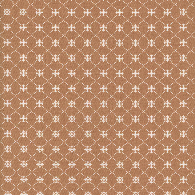 Warm brown fabric with a white dotted trellis pattern.