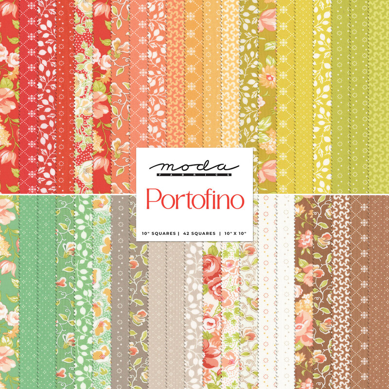 Collage of the fabrics included in the Portofino layer cake.