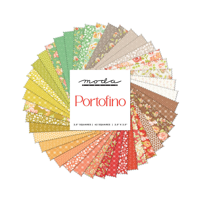 Collage of the fabrics included in the Portofino mini charm pack.