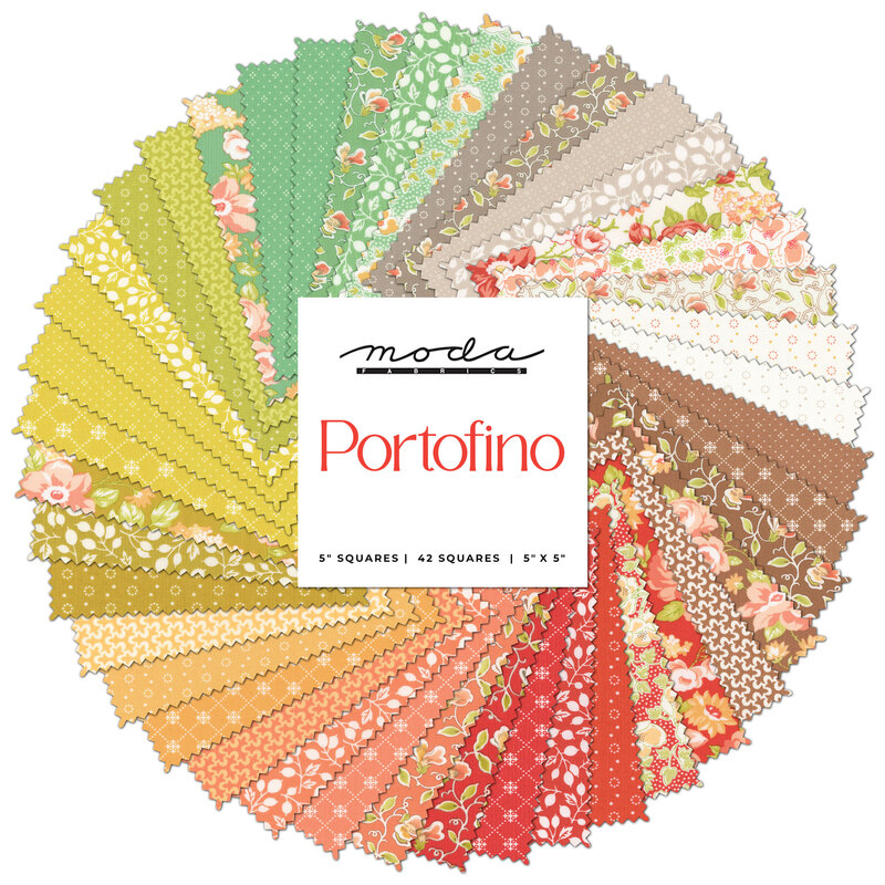 Collage of the fabrics included in the Portofino charm pack.