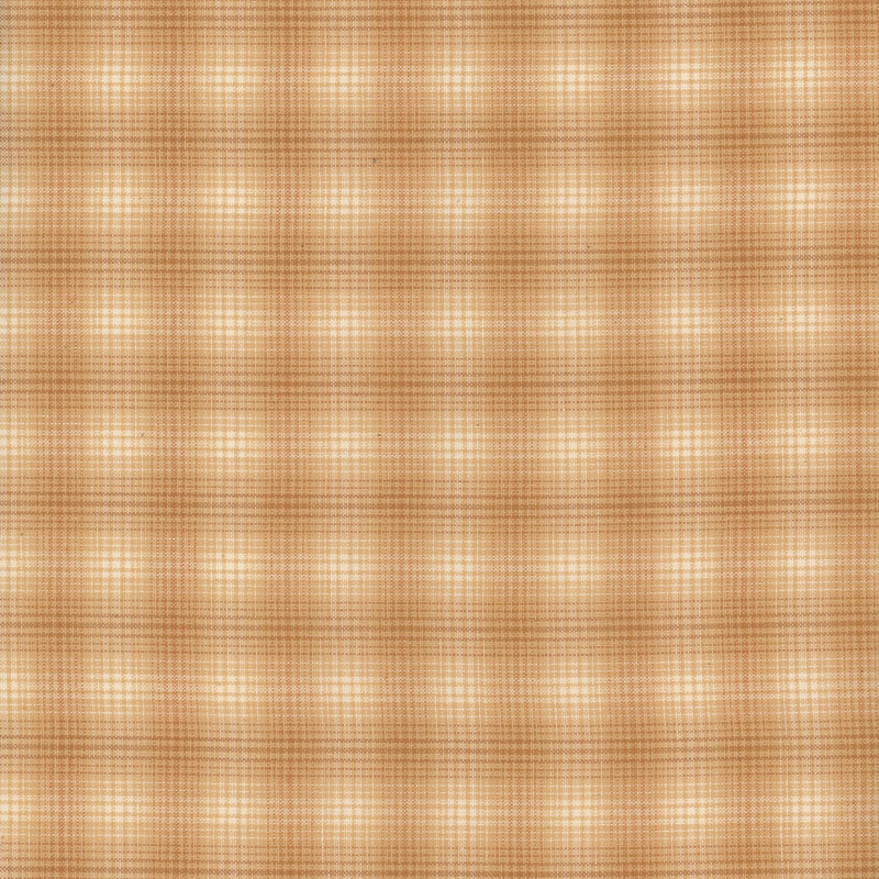 Scan of the woven fabric, a lightly textured light sandy tan plaid on a warm cream background.