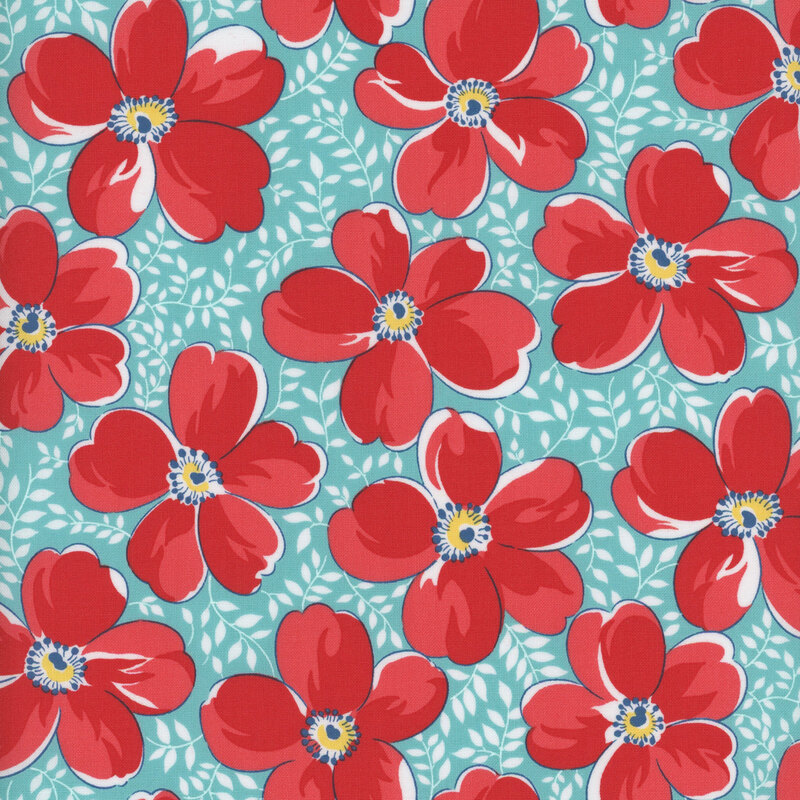Bright aqua fabric covered in white leaves and vines and large red flowers throughout