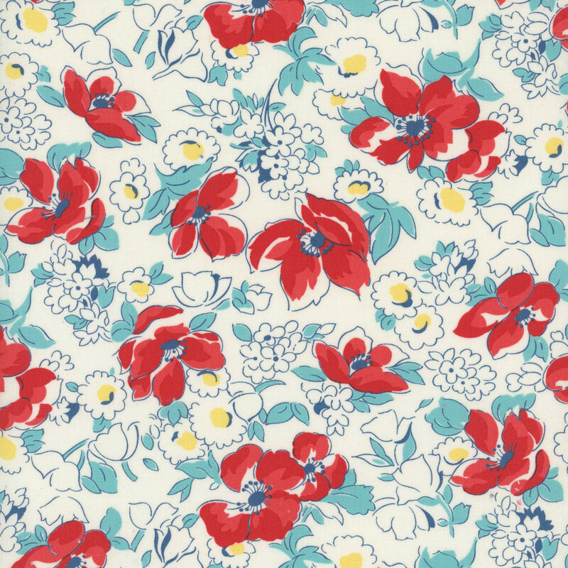 White fabric with large red florals with light blue leaves and vines throughout