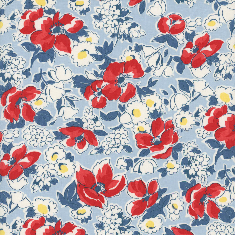Light blue fabric with clusters of large red and white flowers with dark blue leaves