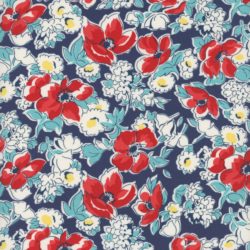 Dark navy blue fabric with clusters of large red and white flowers with light blue leaves