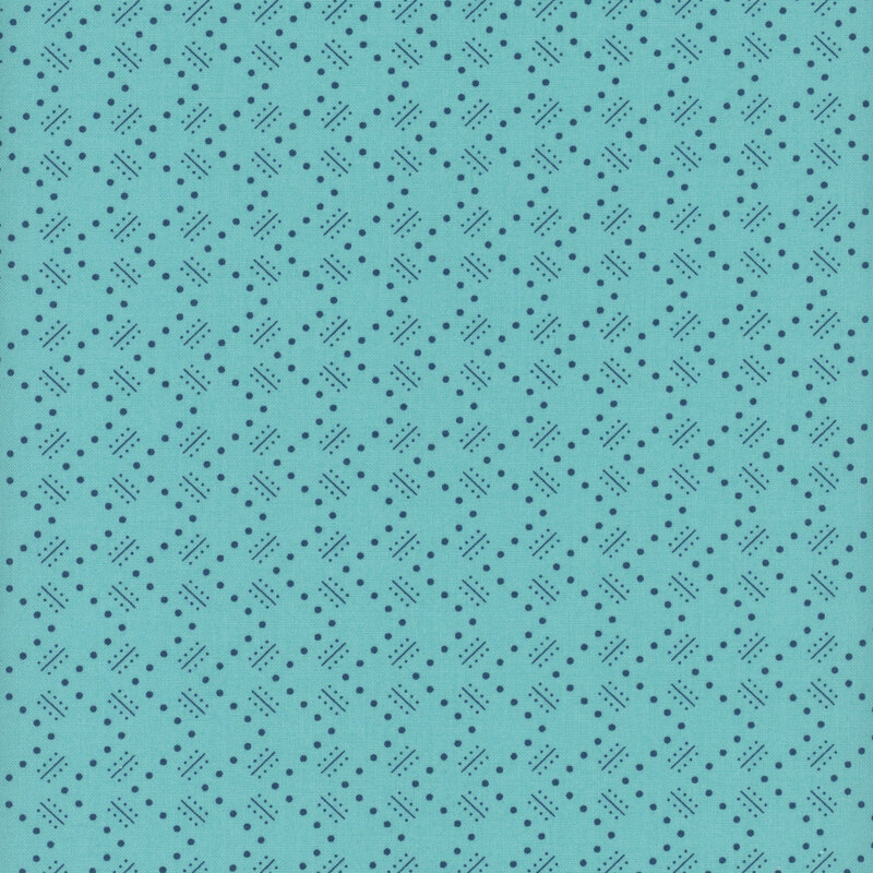 Bright aqua fabric with dark blue dotted zig-zags and blue geometric shapes throughout